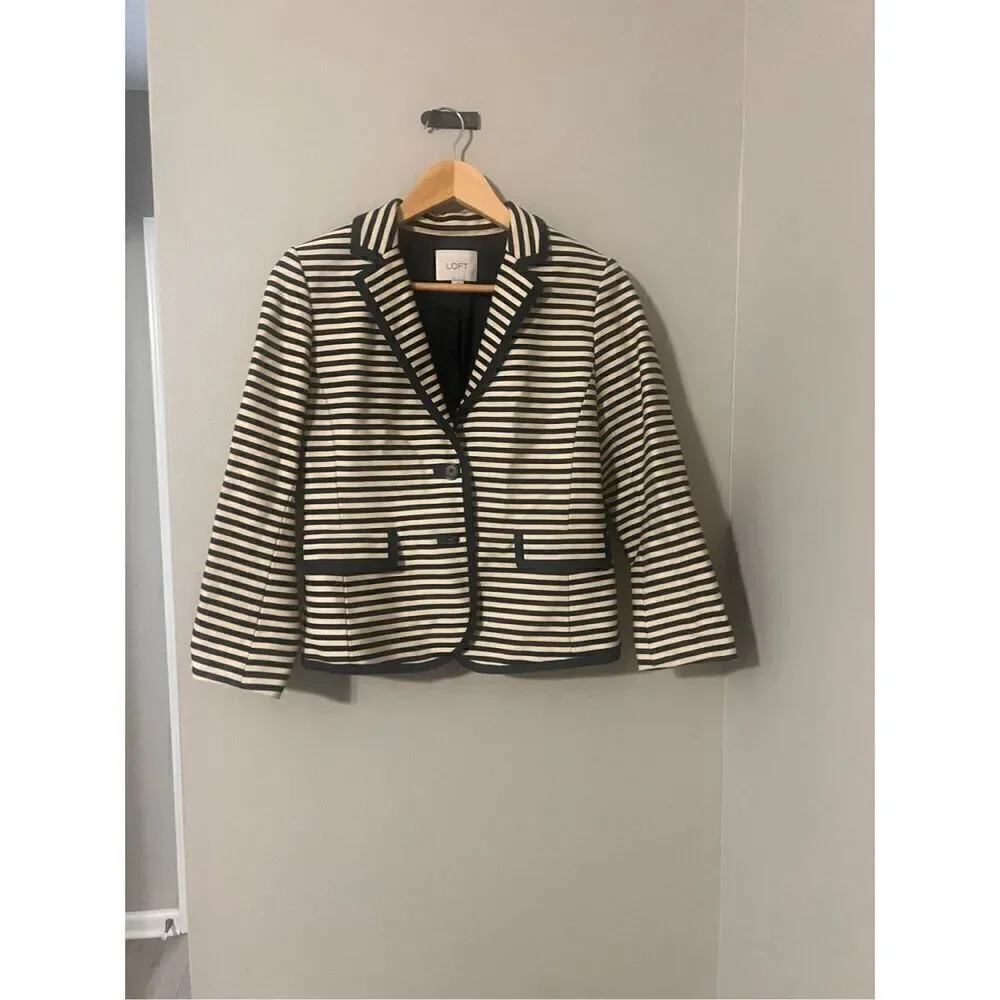 Loft Size 4 Double Button Stripe Corded Blazer Jacket Navy Cream Nautical Preppy